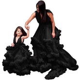 Hot New Soft Mesh Deep V Chiffon Maternity Dress Mother Daughter Matching Cosplay Costume Black - Coscosmos